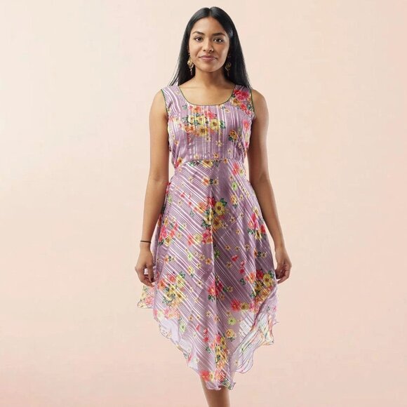 Lavender Floral Chiffon Knee-Length Dress | Muvvas Boutique - Picture 1 of 5